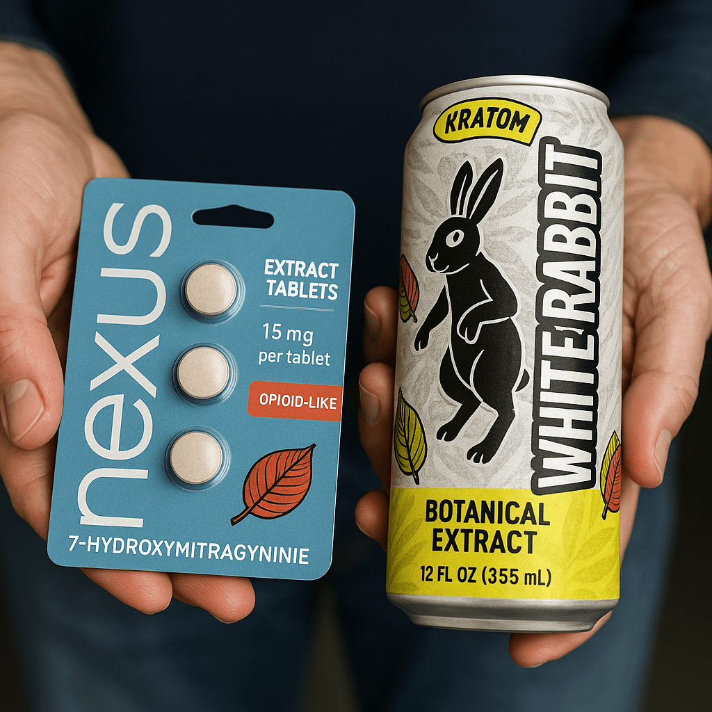 Hands holding 7-hydroxymitragynine tablets and a kratom drink, products linked to the “gas station opioid” raising concern among Flint health officials.