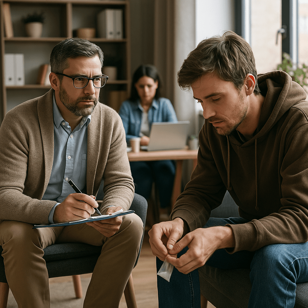 Therapist talking with a man during a one-on-one counseling session in a comfortable rehab setting at Nova Recovery Center.
