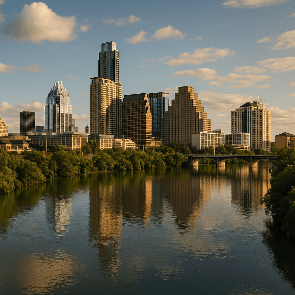 Austin Texas skyline at sunset over the Colorado River — feature image for detox services in Austin highlighting recovery resources and supportive treatment options.