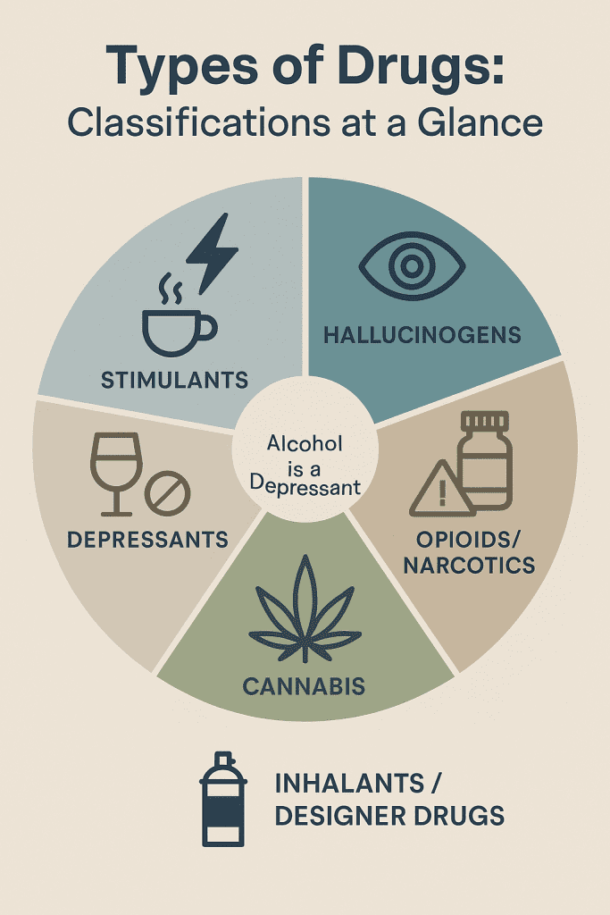 Infographic illustrating types of drugs—stimulants, depressants (including alcohol), hallucinogens, opioids/narcotics, cannabis, and inhalants—each represented with simple icons and labeled clearly.