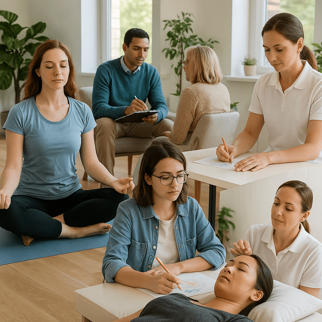 People engaging in holistic drug rehabilitation activities such as yoga, meditation, and art therapy in a calm, sunlit wellness space—symbolizing mind-body addiction recovery at Nova Recovery Center in Texas.