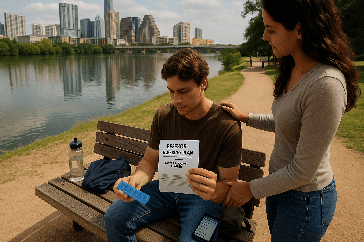 Young adult tapering off Effexor with support at Zilker Park in Austin, Texas, holding a medication tracker and pamphlet labeled “Effexor Tapering Plan – Nova Recovery Center” with the city skyline, Congress Avenue Bridge, and Texas State Capitol in the background.