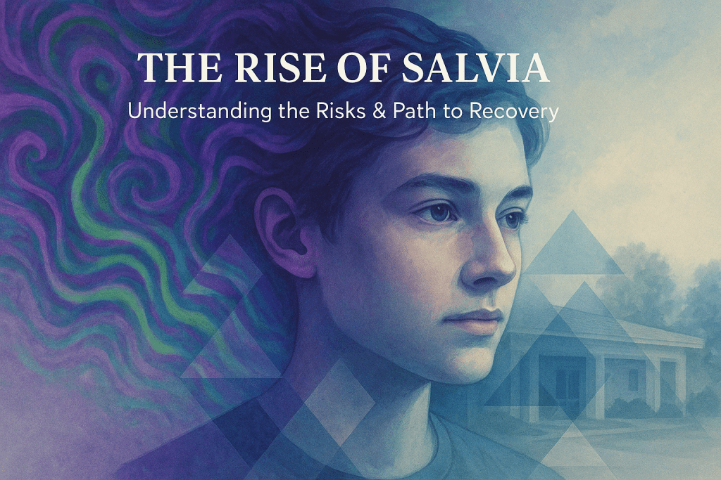 Stylized portrait of a young person with swirling psychedelic patterns representing Salvia divinorum and salvinorin A effects, transitioning into geometric shapes symbolizing recovery from salvia abuse, withdrawal symptoms, and treatment options.