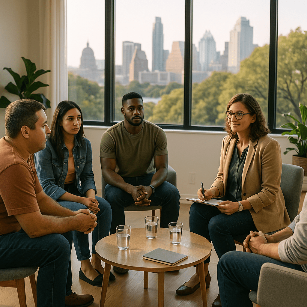 Outpatient drug rehab in Austin — diverse group therapy session with a licensed counselor supporting adults in addiction recovery.