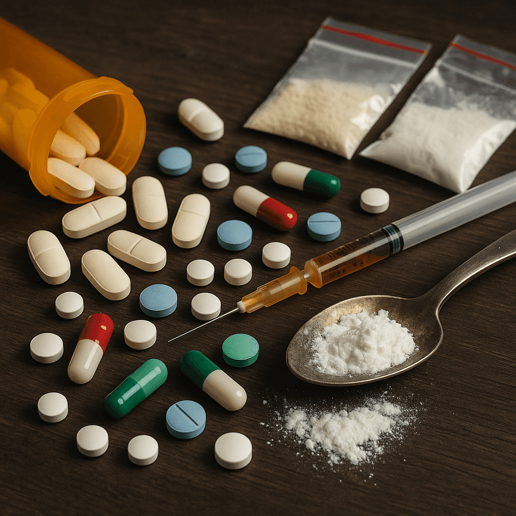 A realistic 4K image showing various types of drugs, including pills, powders, and a syringe, arranged on a dark surface to represent different drug categories and polysubstance addiction risks.