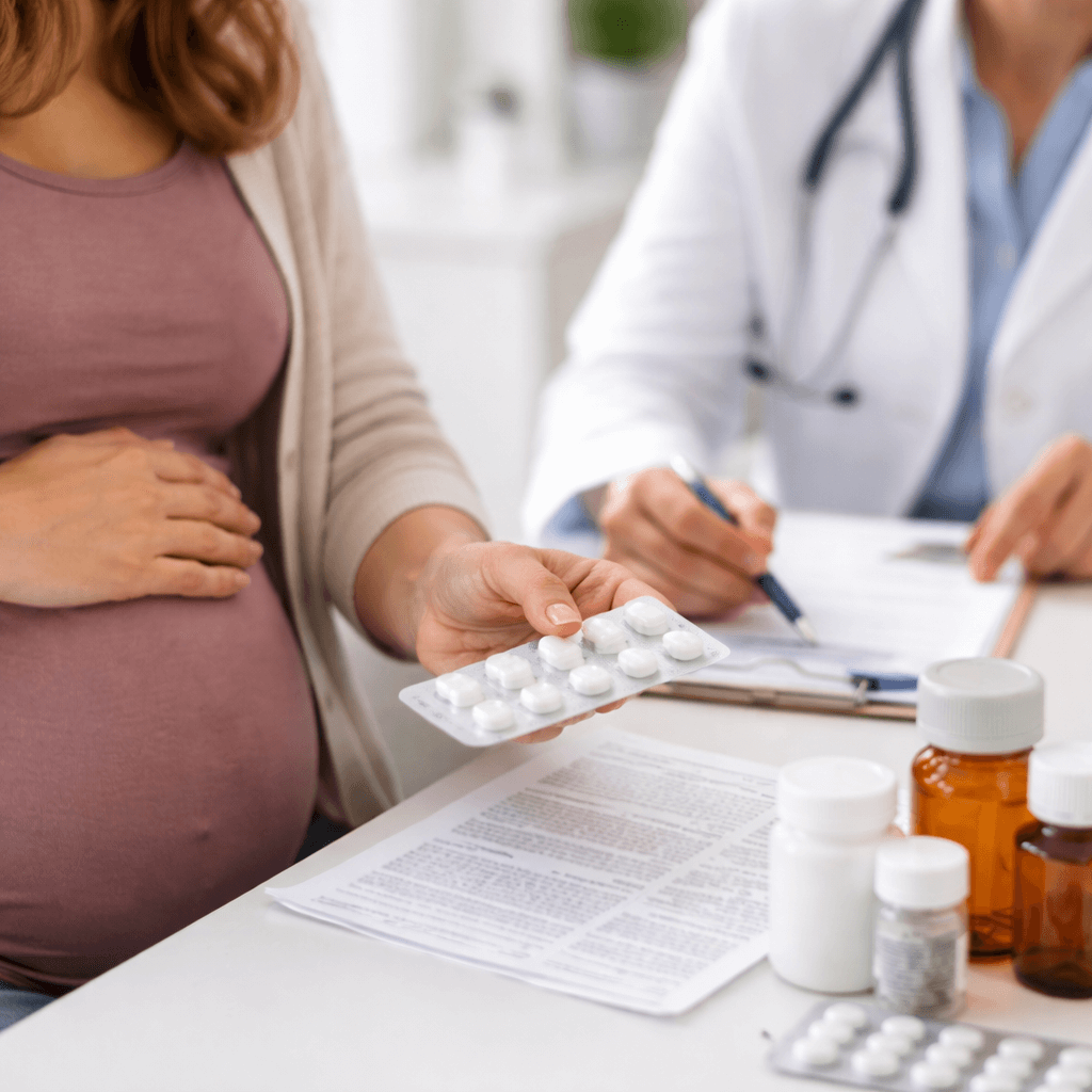 Pregnant woman reviewing pregnancy medication categories with a healthcare provider while holding prescription pills