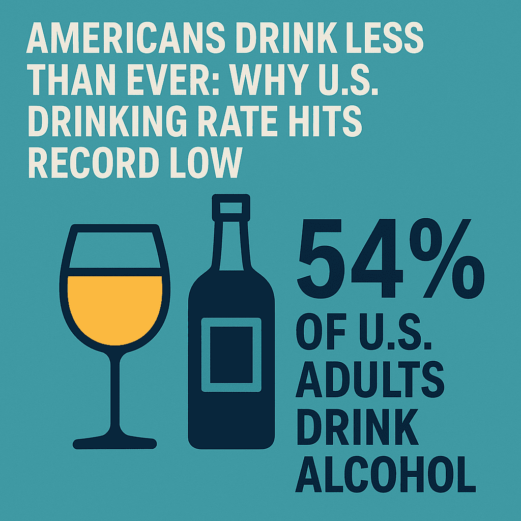 Infographic showing the U.S. drinking rate at a record low, highlighting Gallup poll July 2025 findings that only 54 percent of American adults drink, with rising concerns about moderate drinking risks and shifting alcohol perception.
