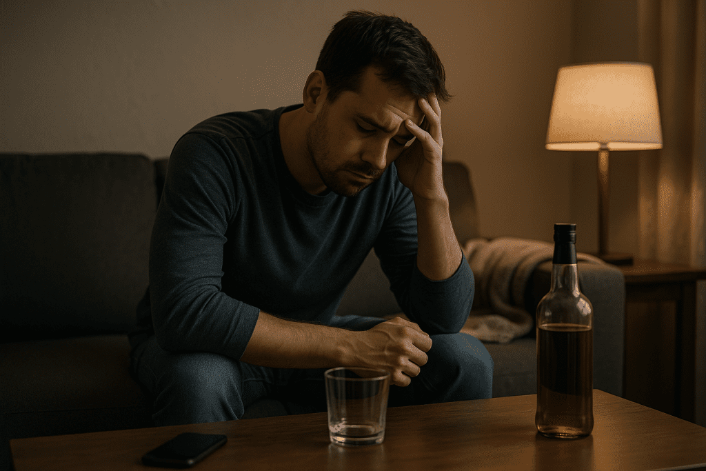 Adult struggling with alcohol and depression — sitting alone on a couch with an empty glass and bottle, reflecting the emotional effects of drinking and mental health challenges.