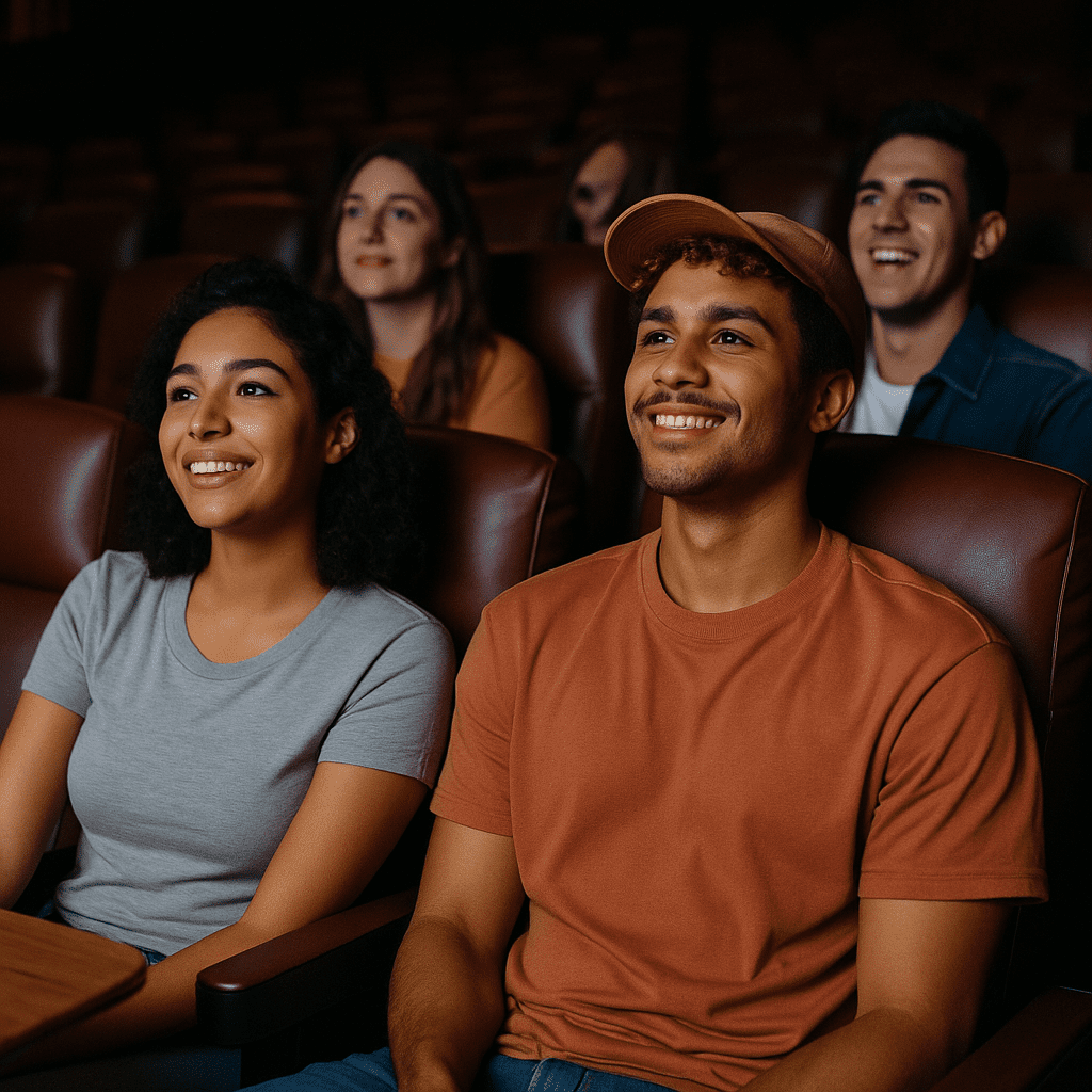 Young adults enjoying a group outing at a movie theater, smiling and engaged in the experience.