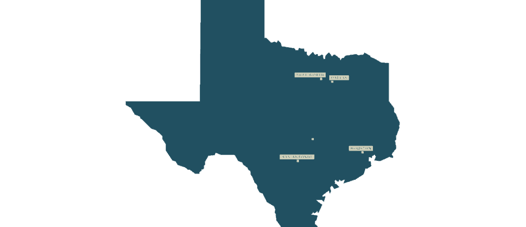 Map of Texas highlighting major cities, including Houston, Dallas, Fort Worth, and San Antonio, related to illegal drug trends and addiction treatment services.