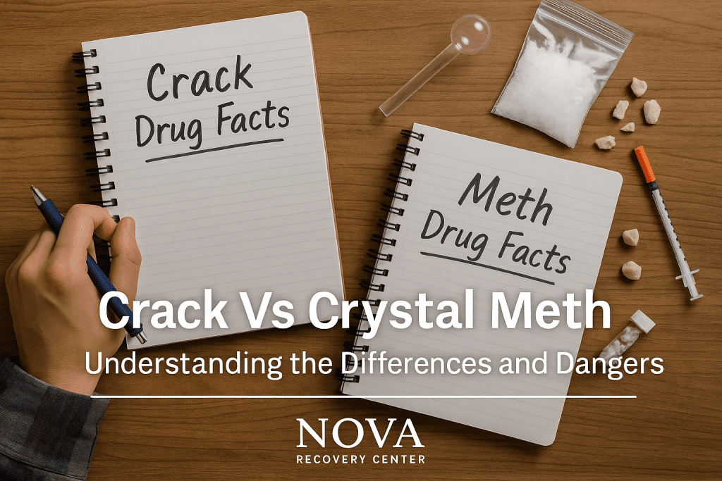 Overhead view of crack and meth drug facts with paraphernalia on table, illustrating crack vs crystal meth and effects of use.