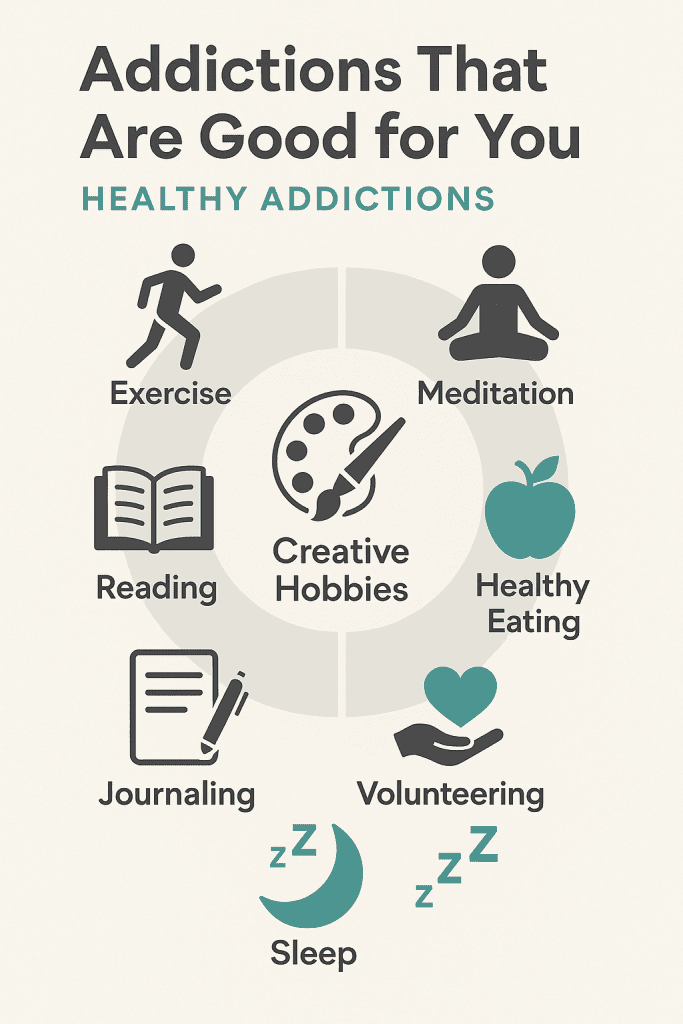 Infographic illustrating examples of addictions that are good for you, including exercise, meditation, reading, journaling, creative hobbies, volunteering, healthy eating, and sleep, with icons and labels promoting healthy addictions for better well-being.