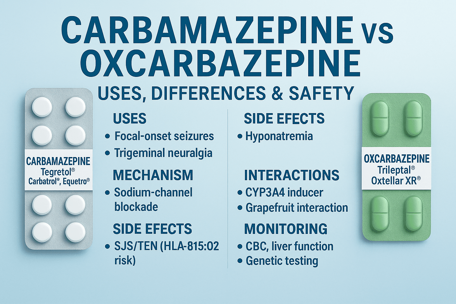 Carbamazepine vs Oxcarbazepine comparison: uses, differences, side effects, SJS/TEN risk, hyponatremia, interactions, and safety overview.