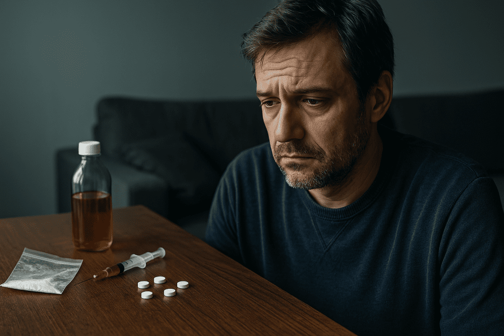 A distressed man sits at a table with drug paraphernalia, symbolizing the link between drug use and mental illness, highlighting the impact of mental health and addictions.