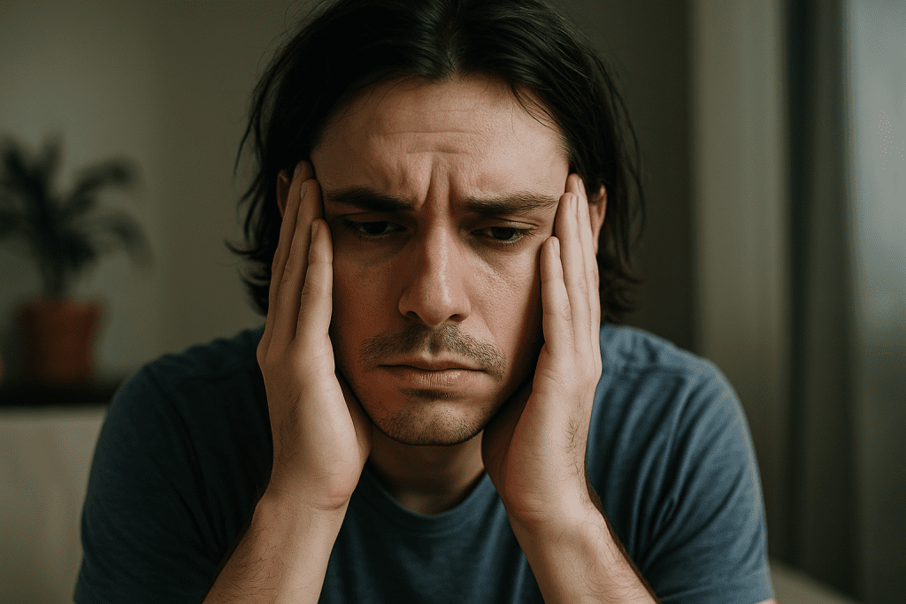 Man experiencing cannabis depersonalization, showing signs of derealization and distress from weed use.