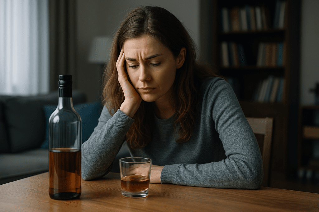Woman with anxiety sitting at a table with a bottle of alcohol and glass, illustrating alcohol abuse and anxiety disorder.