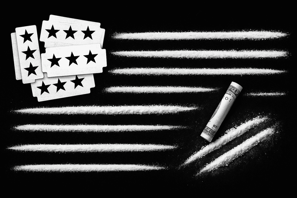 Cocaine trafficking in America visualized with U.S. flag design made from powder lines, symbolizing CJNG cartel influence and shifting drug markets.
