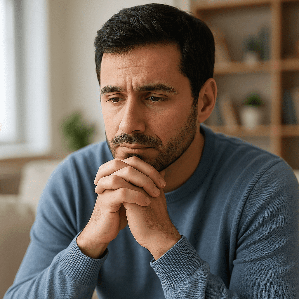 Man reflecting quietly at home, symbolizing emotional sobriety and emotional stability in addiction recovery.