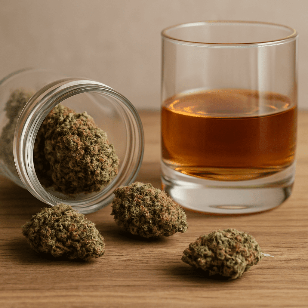 Close-up image showing cannabis buds beside a glass of alcohol, illustrating the comparison of weed or alcohol and their impact on mental health and addiction.