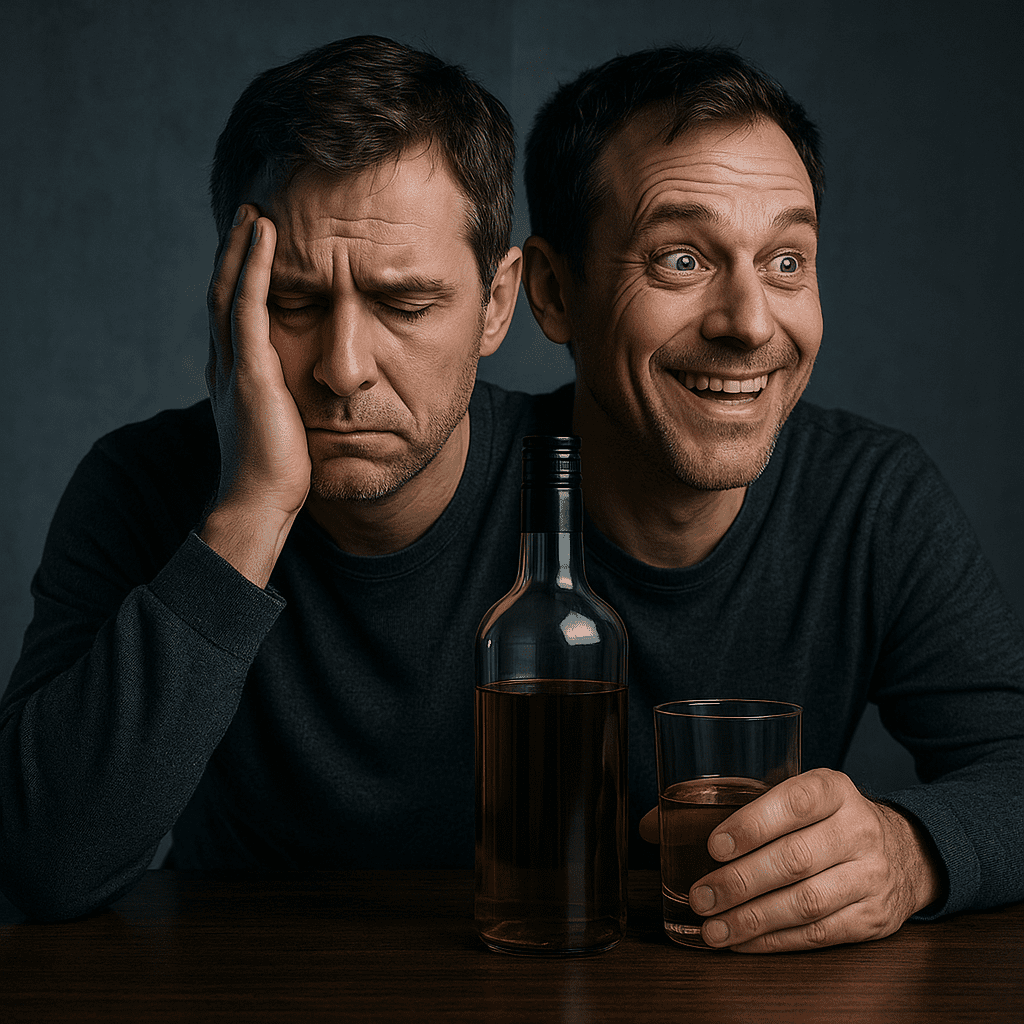 Bipolar disorder and alcohol abuse concept with whiskey bottle, glass, and notebook labeled bipolar disorder.