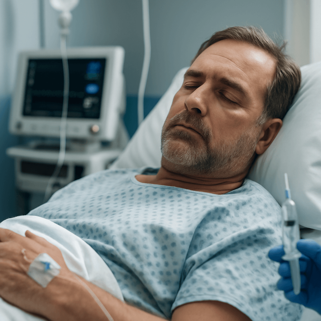 Vial of midazolam injection and syringe placed beside a sedated patient in a hospital setting, illustrating Versed drug use and procedural sedation.