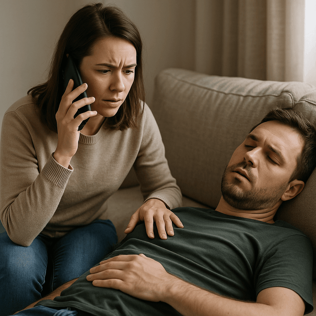 A woman urgently calling for help while sitting beside an unconscious man on a living room sofa, illustrating a medical emergency related to a possible bad reaction to K2 synthetic weed.