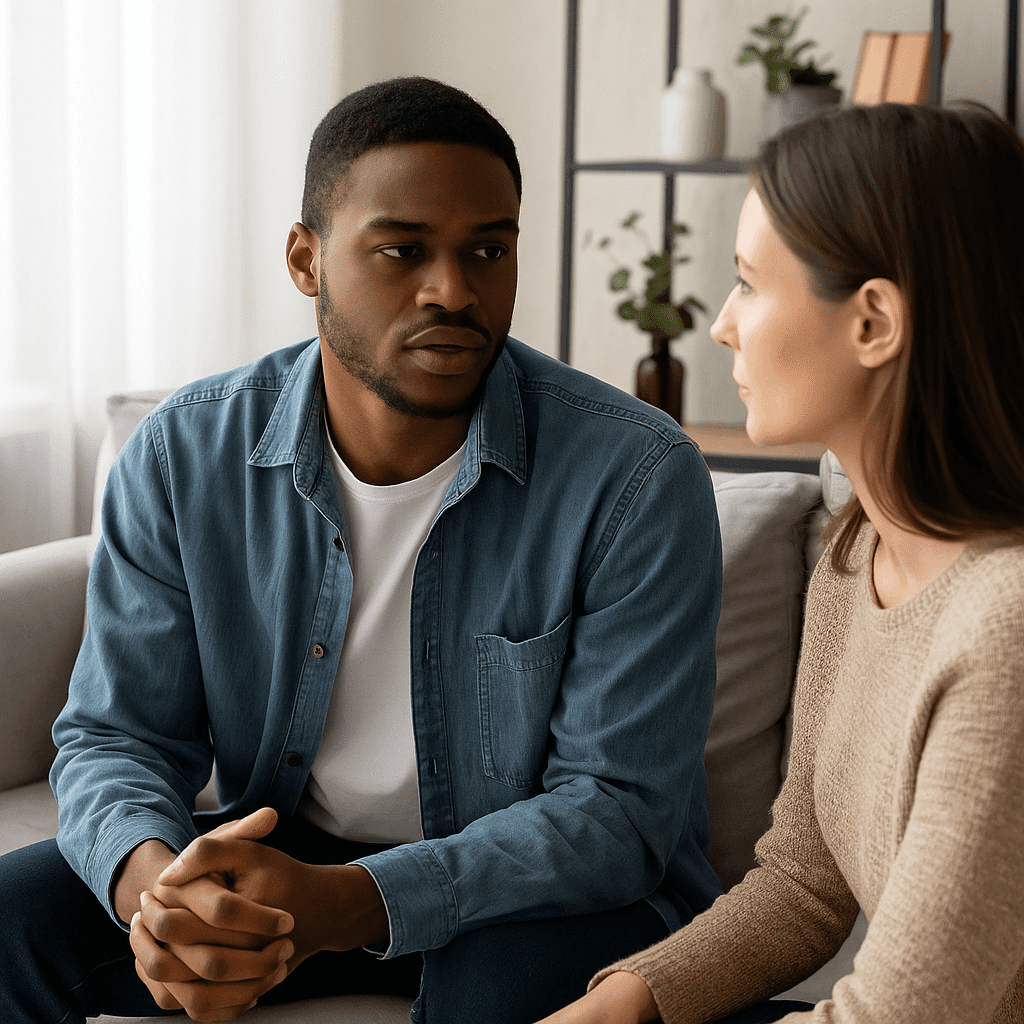 A realistic photo of two people in a supportive counseling session, symbolizing aftercare and intensive outpatient recovery in San Antonio.