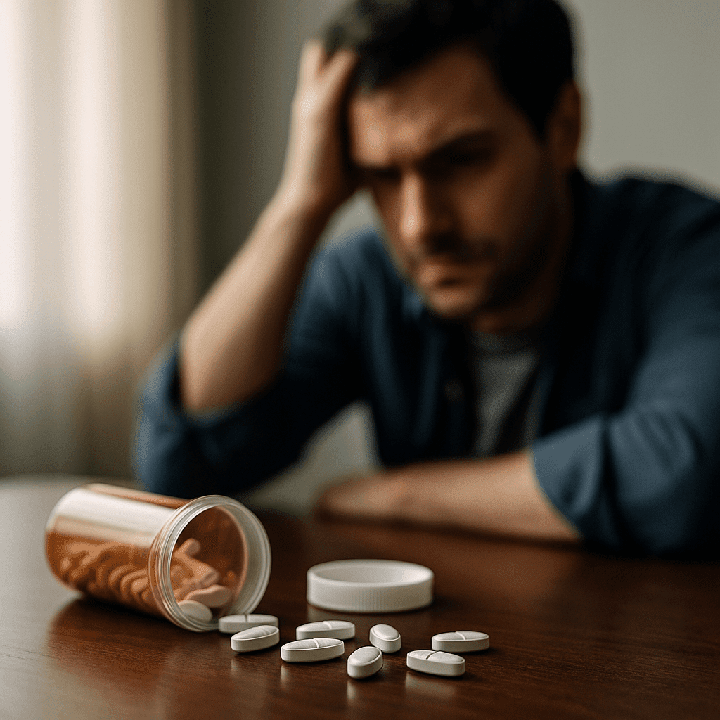 A man struggling with prescription stimulant misuse sits at a table with a spilled pill bottle, symbolizing Concerta abuse and the need for drug rehab in Austin, Texas.