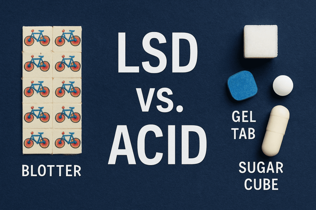 LSD vs Acid - Visual comparison of various LSD forms including blotter tabs, gel tabs, and sugar cubes