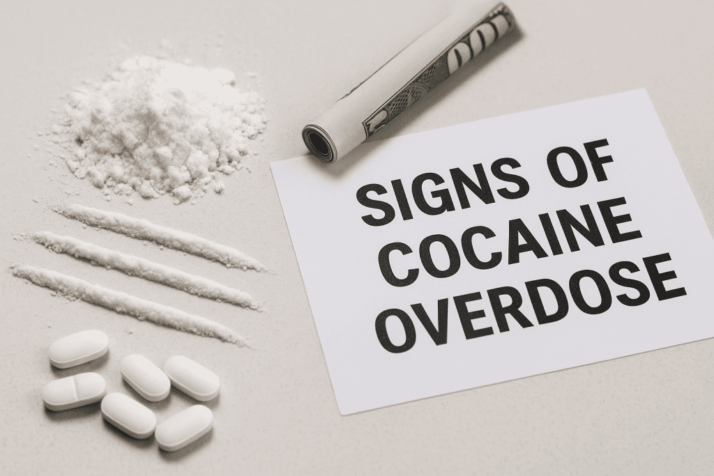 A 4K image showing cocaine powder, rolled bill, and warning card labeled “Signs of Cocaine Overdose” with listed symptoms.