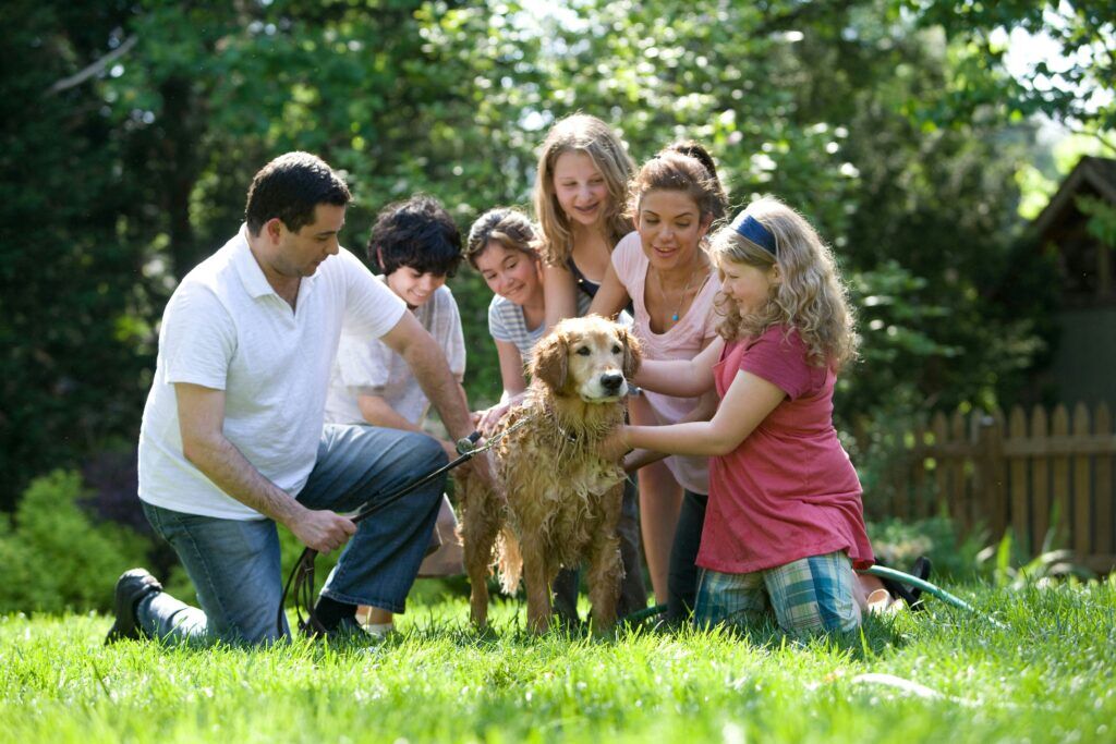 A diverse family and their dog enjoying time together outdoors, symbolizing holistic recovery, peer support, and life beyond rehab.
