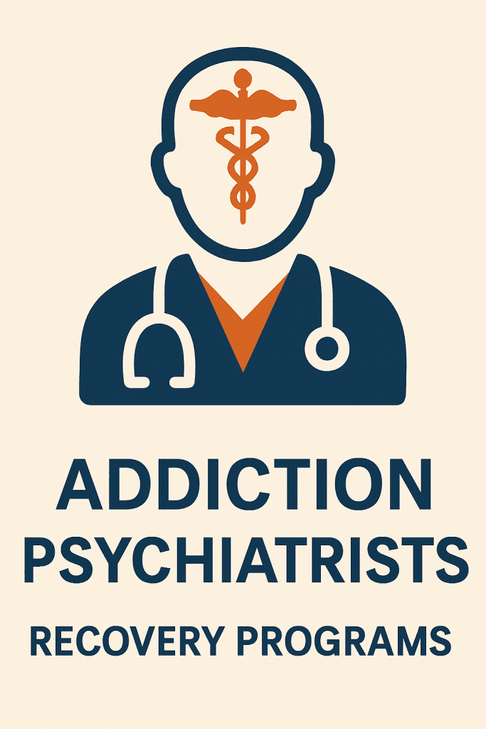 A graphic featuring the words 'ADDICTION PSYCHIATRISTS' and 'RECOVERY PROGRAMS' in navy blue, with an icon of a human figure wearing a stethoscope and a brain symbol with a burnt orange caduceus in place of the head.
