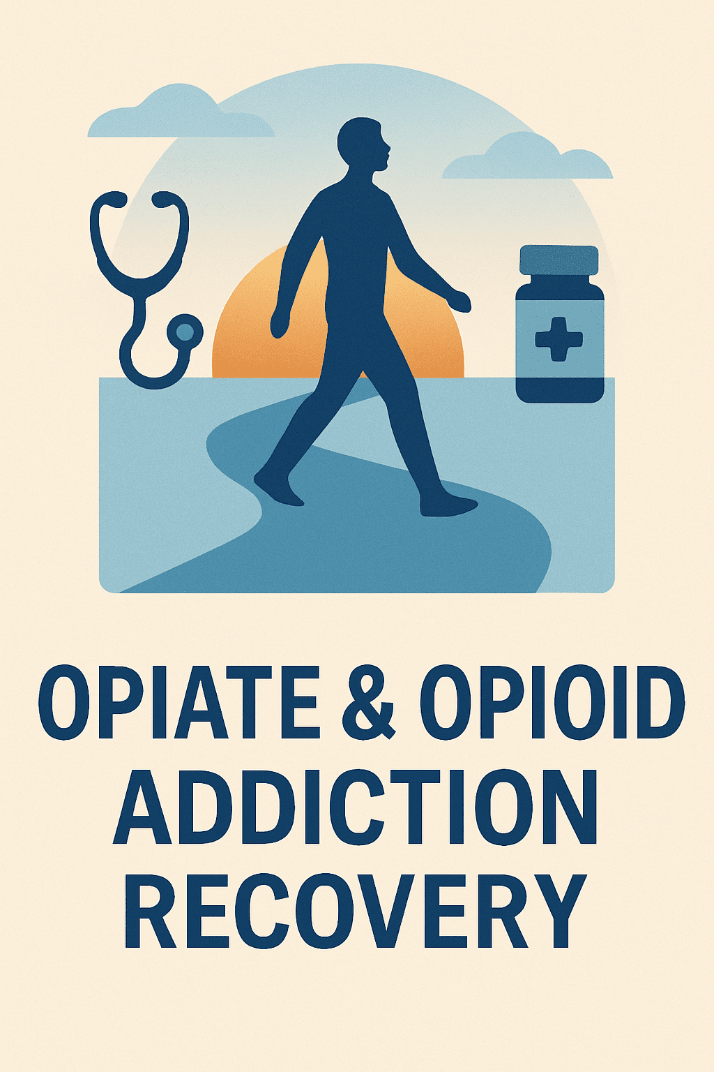 A graphic showing a person walking along a winding path toward the horizon with icons of a stethoscope and a pill bottle, symbolizing recovery from opiate and opioid addiction.