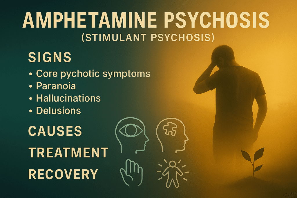 Amphetamine psychosis (stimulant psychosis) awareness graphic showing symptoms, causes, treatment, and recovery with supportive imagery.