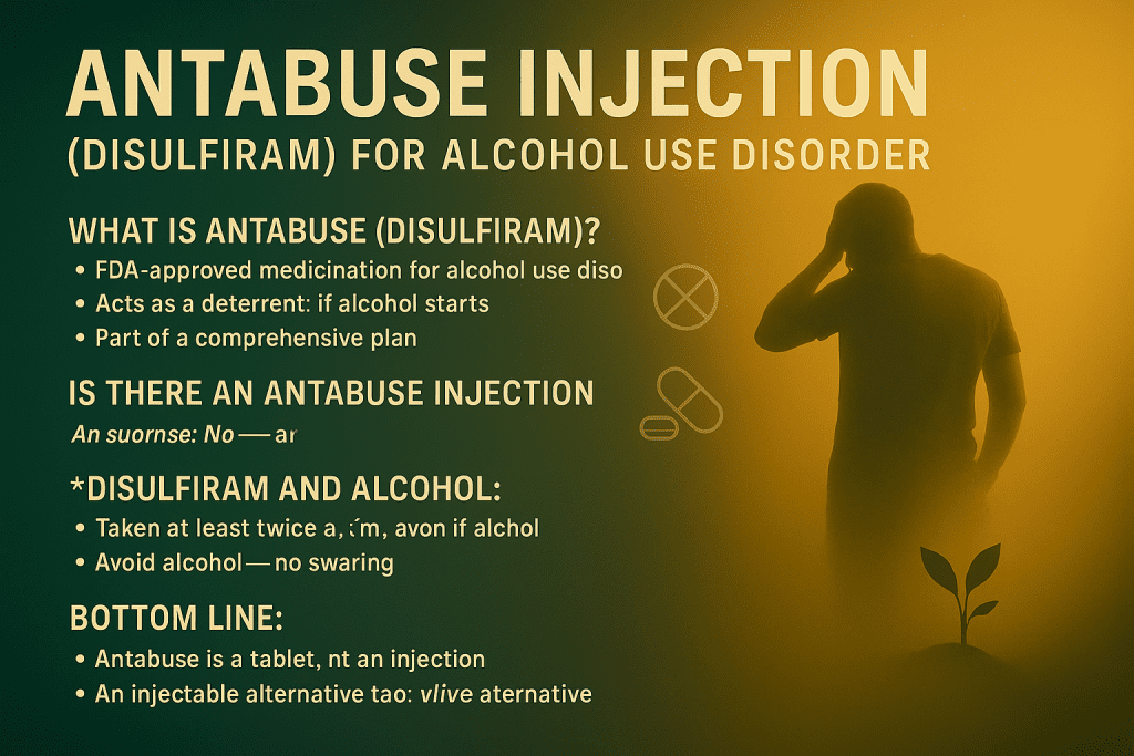 Antabuse injection (disulfiram) for alcohol use disorder — FDA-approved oral medication, no injectable form, disulfiram and alcohol deterrent effects.