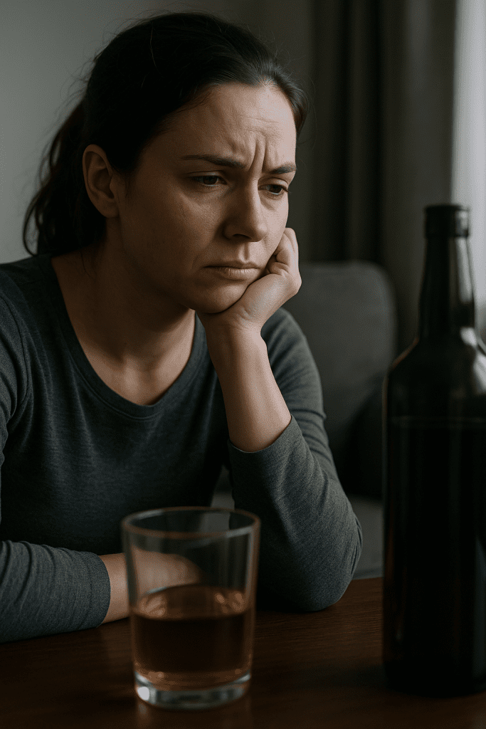 A realistic photo of a woman reflecting beside a glass of whiskey, symbolizing the struggle between borderline personality disorder and alcoholism.