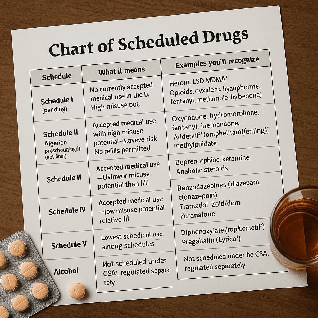 Chart of scheduled drugs showing Adderall scheduling, alcohol schedule, and list of narcotics by Schedule I to V.