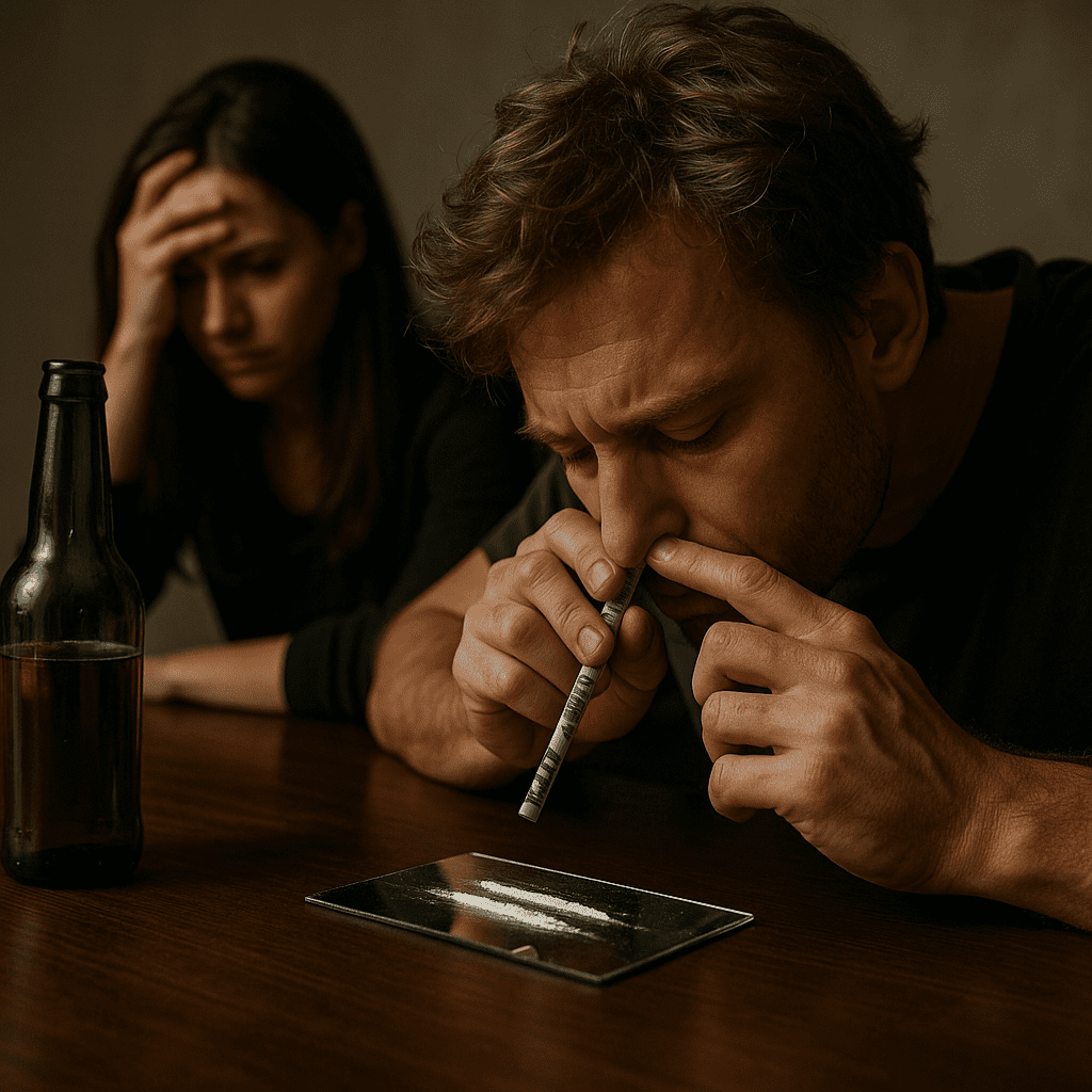 Two individuals struggling with cocaine and alcohol use, showing the risks of mixing coke and alcohol in a dimly lit setting.