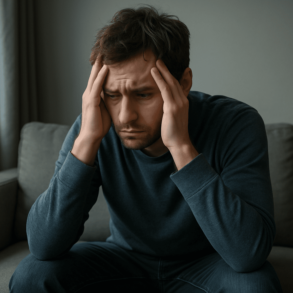 A young man showing visible signs of depression, reflecting the impact of depression pathophysiology and the pathology of depression.