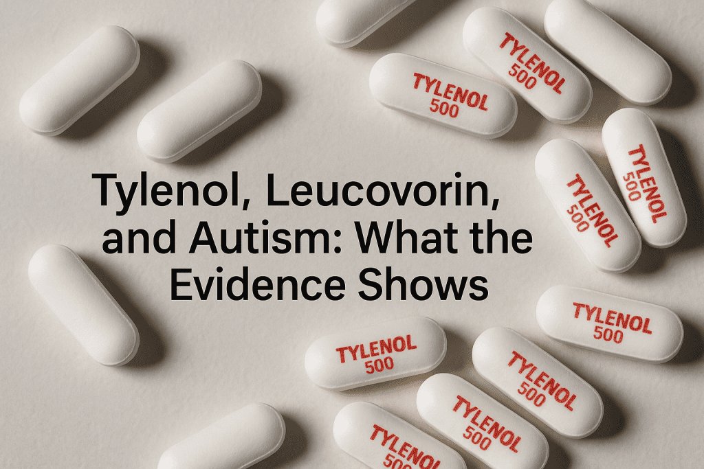White Tylenol 500 tablets and leucovorin pills arranged on a neutral background, illustrating research on their connection to autism.