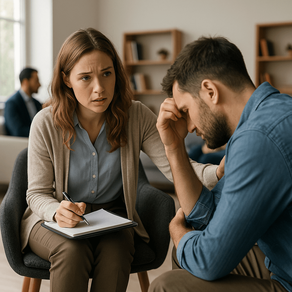 Therapist providing alcohol detox support in a San Antonio recovery center, helping a client manage withdrawal and start treatment.