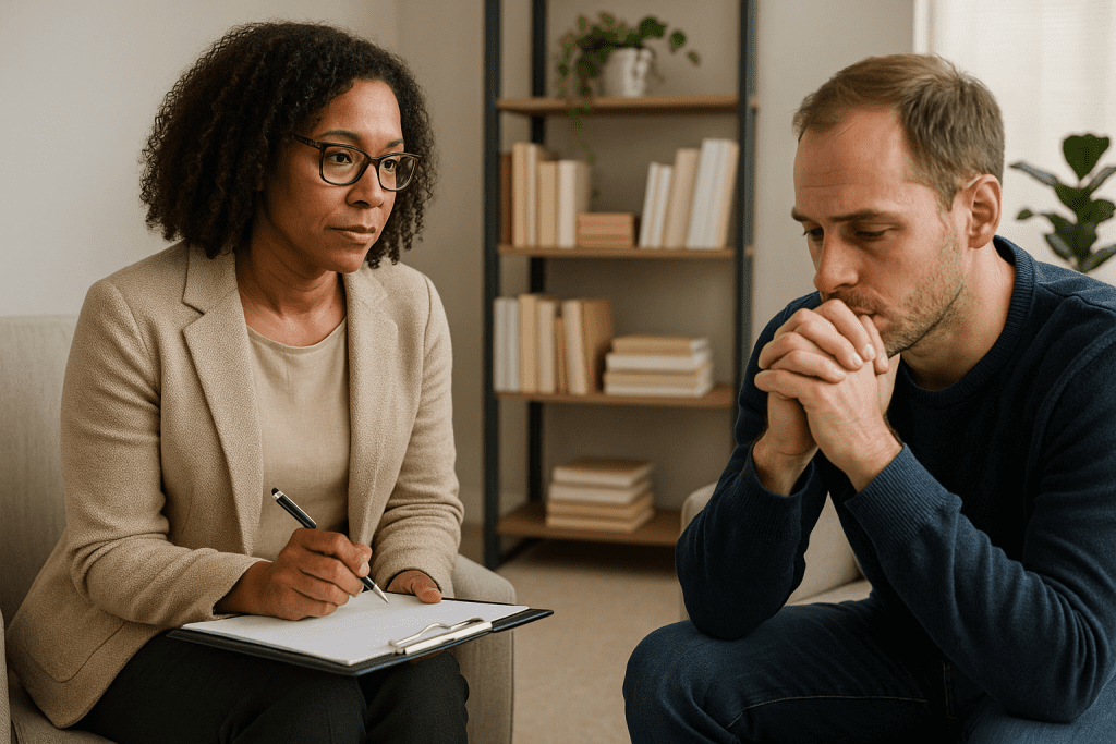 Therapist and patient in counseling session for alcohol use disorder treatment.