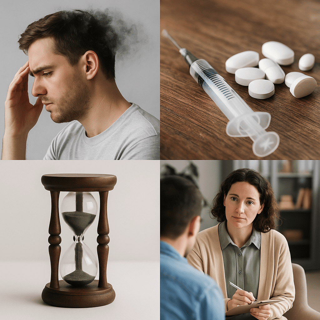 A realistic depiction of drug induced psychosis symptoms, showing a distressed man, drug paraphernalia, an hourglass symbolizing time, and a therapy session.