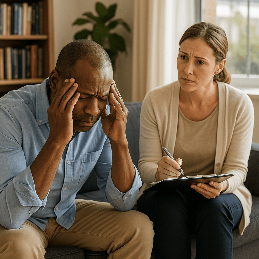 Therapist providing counseling for alcohol addiction at a recovery center in San Antonio, Texas.