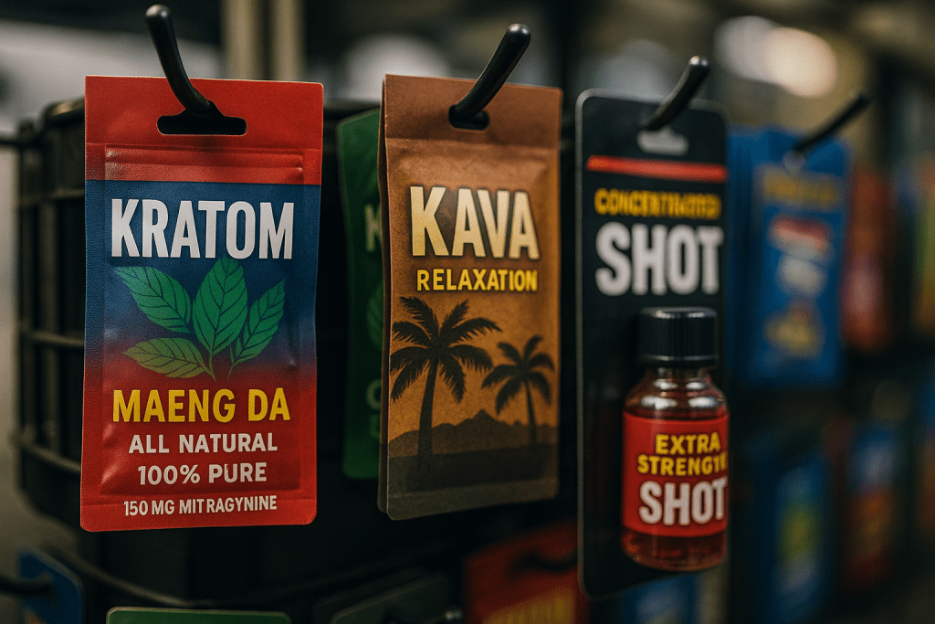 Gas station kratom, kava, and concentrated energy shots on display in a convenience store.