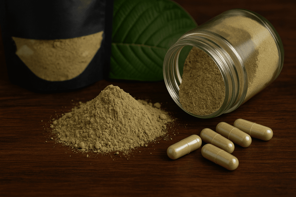 Kratom powder and capsules on a wooden table with fresh leaf—illustrating legal kratom products in New Jersey and addiction concerns.
