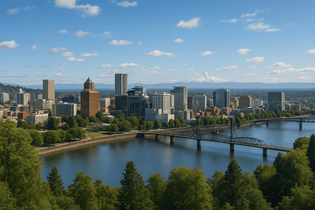Portland, Oregon skyline with Mount Hood representing drug policy reform and recovery efforts.