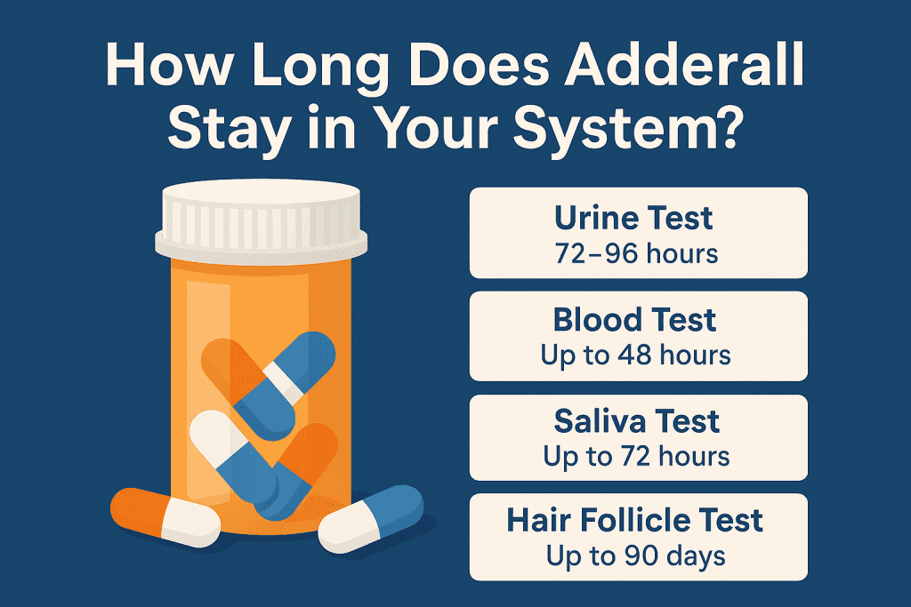 Infographic showing how long Adderall stays in your system with detection windows for various tests.