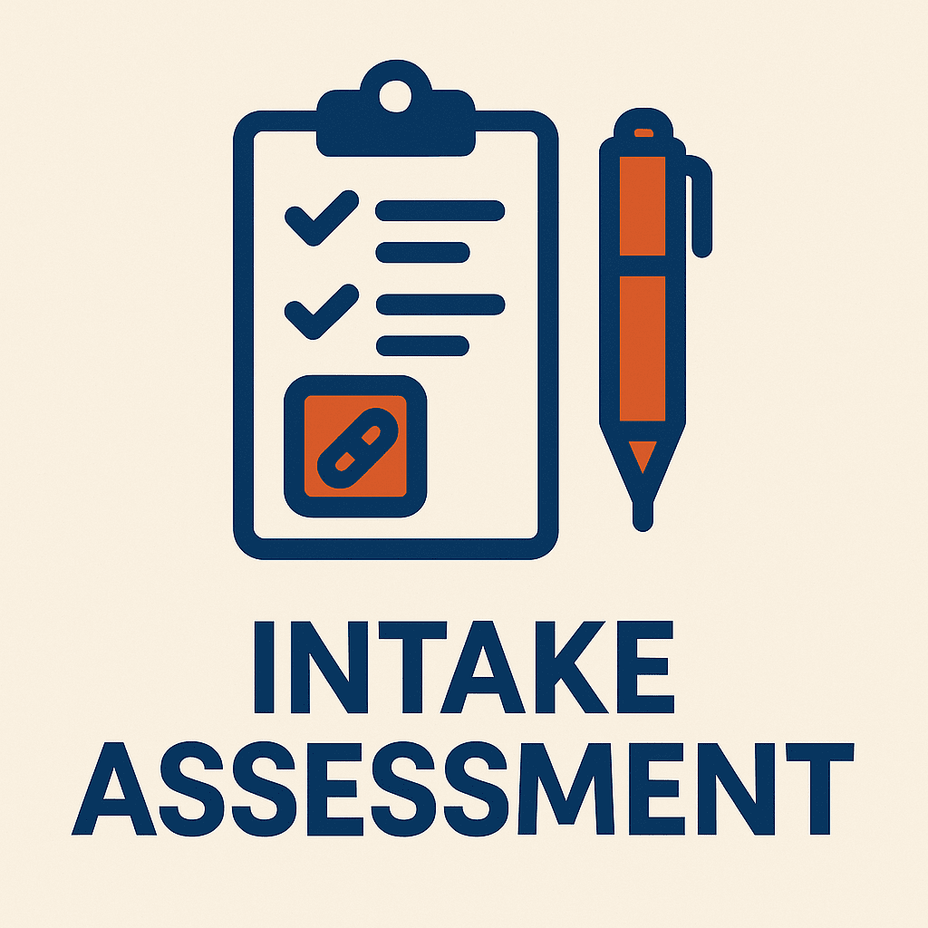 A digital graphic featuring the words 'INTAKE ASSESSMENT' in dark blue, with an icon of a clipboard and checklist, accompanied by an orange pen, against a light beige backdrop.