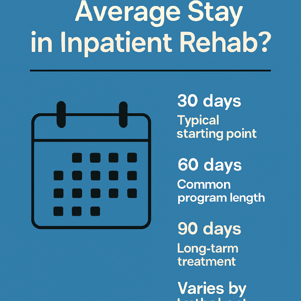 Infographic showing the average stay in inpatient rehab with calendar icon and treatment duration options of 30, 60, and 90 days.